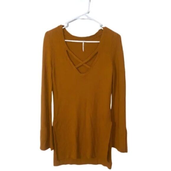 Free People Tops - Free People Sz XS Slit Cuff Thermal Knit Long Sleeve Top Gold Mustard Yellow